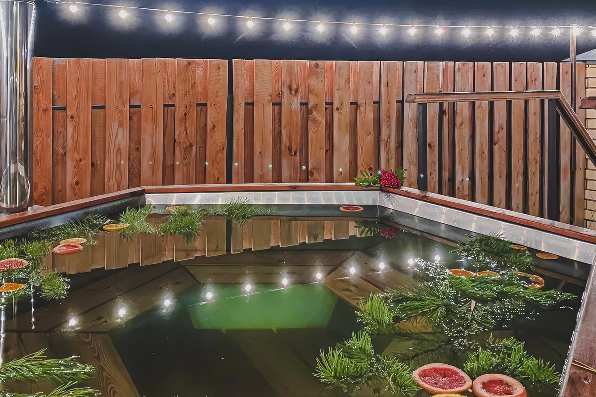 Во дворе каждого дома установлен чан — он подарит новые ощущения от купания в горячей воде на свежем воздухе в любое время года.